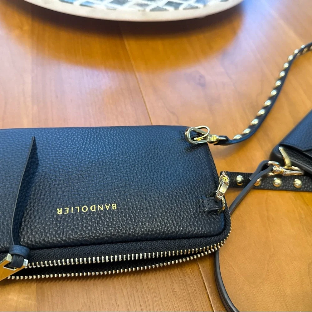 16 Pro Bandolier Black Leather Crossbody Phone Case with Gold Stud Strap